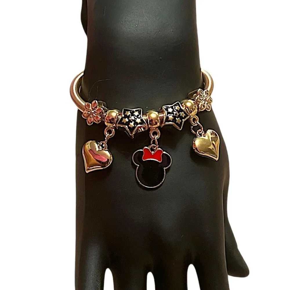Black Minnie Mouse Heart Stretchy Gold Tone Charm Bracelet NWT